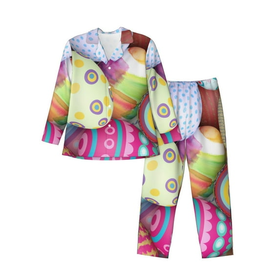 Sikiie Colorful Easter Eggs Mens Pajama Set, Soft Warm Long Sleeve Sleepwear, Cozy Button-Down Pjs for Men-X-Large