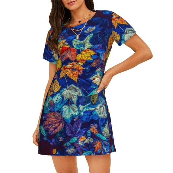 Sikiie Colorful Fall Leaves Print Women's Short-sleeved Nightdress, Round Neck Pullover Nightdress Pajamas Summer Home Wear