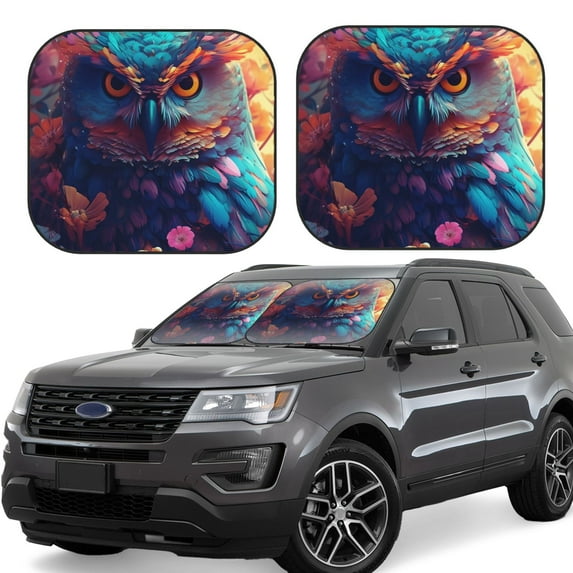 Sikiie Colorful Feather Owl Print Foldable Car Windshield Sun Visor, Car Window Sunshade Suitable for Sedan, SUV and Truck Car Accessories-Large