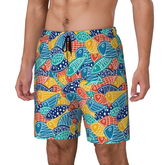 Sikiie Colorful Fish 1 Print Men's Double Layer Swimming Trunks, Adjustable Waistband and Pockets Sports Swimming Trunks, Beach Swimwear-X-Large