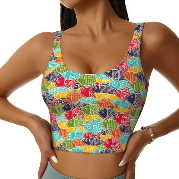 Sikiie Colorful Fish 2 Print Strappy Sports Bra for Women Padded Push Up Sports Bra Athletic Running Sports Bra Workout Bra Yoga Bra