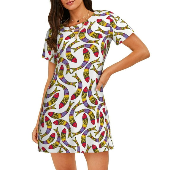 Sikiie Colorful Fishes Print Women's Short-sleeved Nightdress, Round Neck Pullover Nightdress Pajamas Summer Home Wear