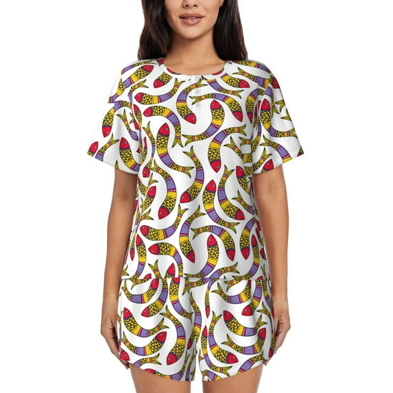 Sikiie Colorful Fishes Womens Pajama Sets Short Sleeve Top With Pants Sleepwear 2 Piece Lounge Set-4X-Large