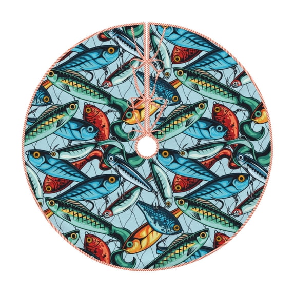 Sikiie Colorful Fishing Baits Nativity Christmas Tree Skirt, Jesus Christian Winter Holiday Tree Mat Decoration(30-48IN)36"