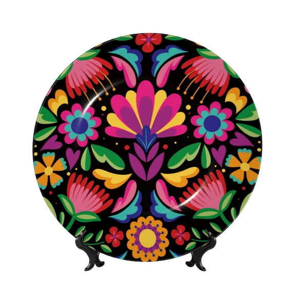 Sikiie Colorful Floral Embroidery Mexican Bone China Decorative Plate Personality Ceramic Dinner Plate Crafts Decorative Ceramic Decorative Plate -7in
