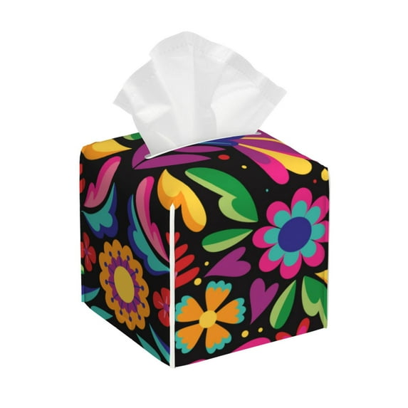 Sikiie Colorful Floral Embroidery Mexican Leather Tissue Box Cover Square, tissue box holder, Tissue Box with Bottom Belt-5.2”x5.2”x5.2”