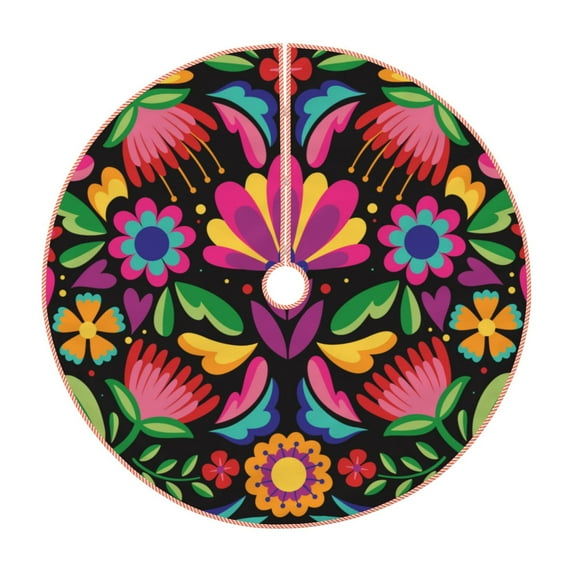 Sikiie Colorful Floral Embroidery Mexican Nativity Christmas Tree Skirt, Jesus Christian Winter Holiday Tree Mat Decoration(30-48IN)