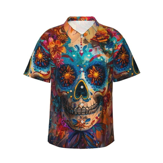 Sikiie Colorful Floral Skull A Print Men's Hawaiian Shirt, Summer Beach Button Pocket Short Sleeve T-Shirt,3X-Large