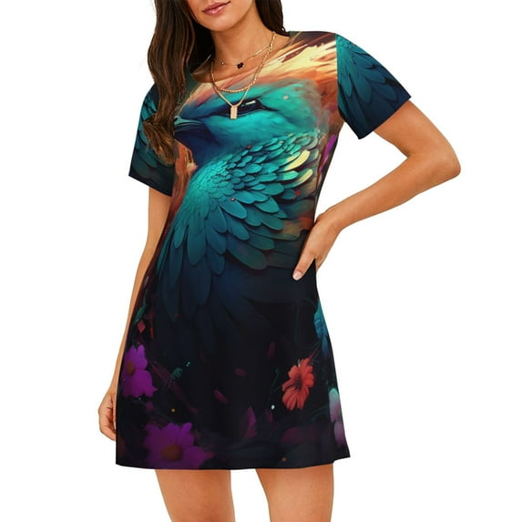 Sikiie Colorful Flower Bird Print Women's Short-sleeved Nightdress, Round Neck Pullover Nightdress Pajamas Summer Home Wear