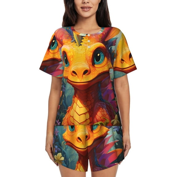 Sikiie Colorful Flower Chameleon Womens Pajama Sets Short Sleeve Top With Pants Sleepwear 2 Piece Lounge SetSmall