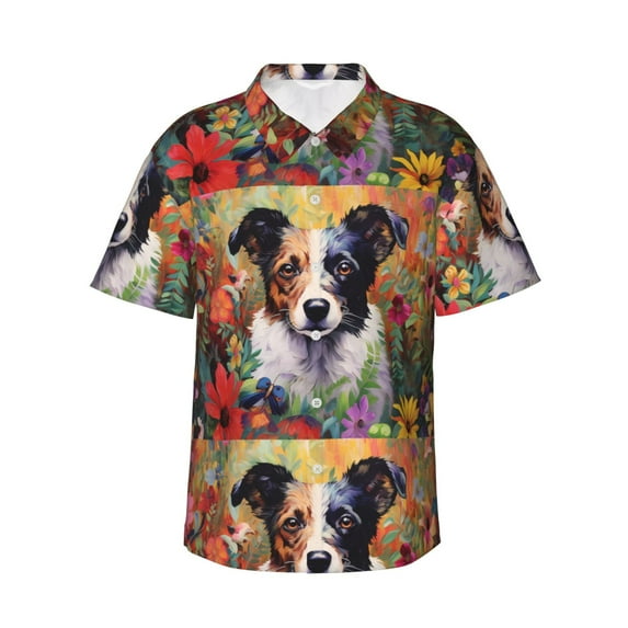 Sikiie Colorful Flower Dog Print Men's Hawaiian Shirt, Summer Beach Button Pocket Short Sleeve T-Shirt,3X-Large