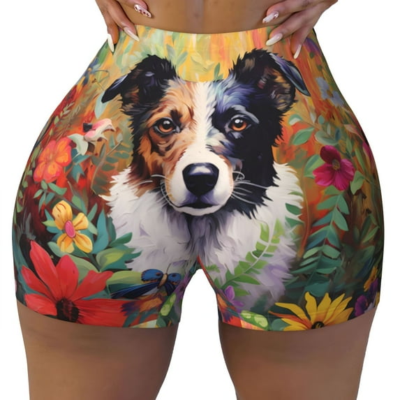 Sikiie Colorful Flower Dog Print Workout Shorts Women Scrunch Butt Gym Shorts Seamless High Waist Tummy Control Yoga Biker Athletic Shorts