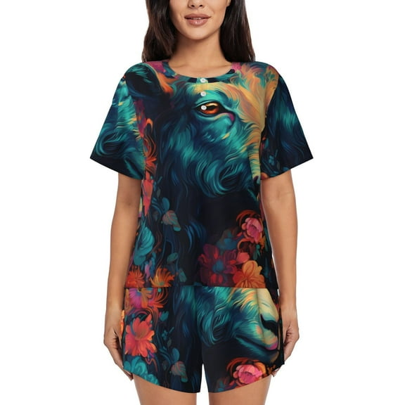 Sikiie Colorful Flower Goat Womens Pajama Sets Short Sleeve Top With Pants Sleepwear 2 Piece Lounge SetMedium