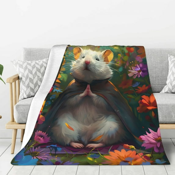 Sikiie Colorful Flower Meditating Hamster Cozy Flannel Fleece Throw Blanket: Lightweight & Thick for All Seasons - Perfect for Women, Men, & Kids"60"x50"