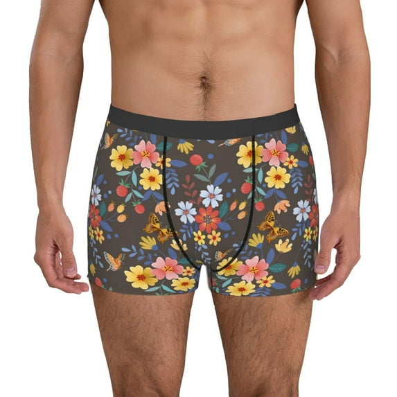 Sikiie Colorful Flowers with Butterfly Print Men's Boxer Briefs, Elastic Waistband Boxer Briefs Leggings-Medium