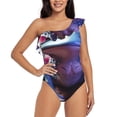 thumbnail image 1 of Sikiie Colorful Frog Among Flowers Print Women One Piece Swimsuits Tummy Control One Shoulder Bathing Suits Ruffle Swimwear, From S to XXL-Large, 1 of 6