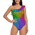 thumbnail image 1 of Sikiie Colorful Glitter Print Women One Piece Swimsuits Tummy Control One Shoulder Bathing Suits Ruffle Swimwear, From S to XXL-Medium, 1 of 6