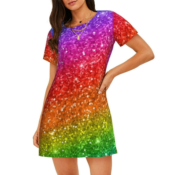 Sikiie Colorful Glitter Print Women's Short-sleeved Nightdress, Round Neck Pullover Nightdress Pajamas Summer Home Wear
