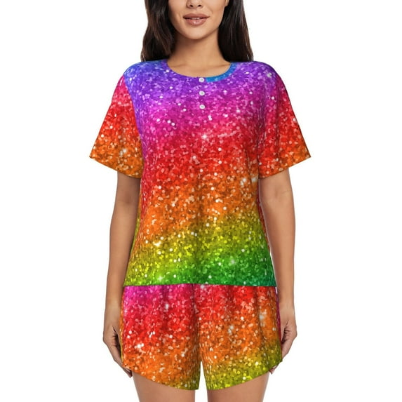 Sikiie Colorful Glitter Womens Pajama Sets Short Sleeve Top With Pants Sleepwear 2 Piece Lounge SetSmall