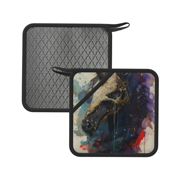Sikiie Colorful Ink Cute Horse Pot Holders Kitchen Insulation Mats Heat Resistant Pot-Holder Oven Anti-Scald Pads for Cooking Baking, 7.1*7.1inch