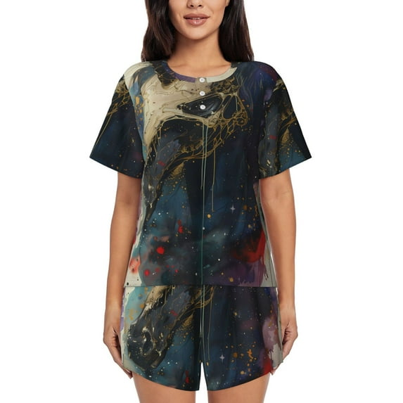 Sikiie Colorful Ink Cute Horse Womens Pajama Sets Short Sleeve Top With Pants Sleepwear 2 Piece Lounge SetXX-Large