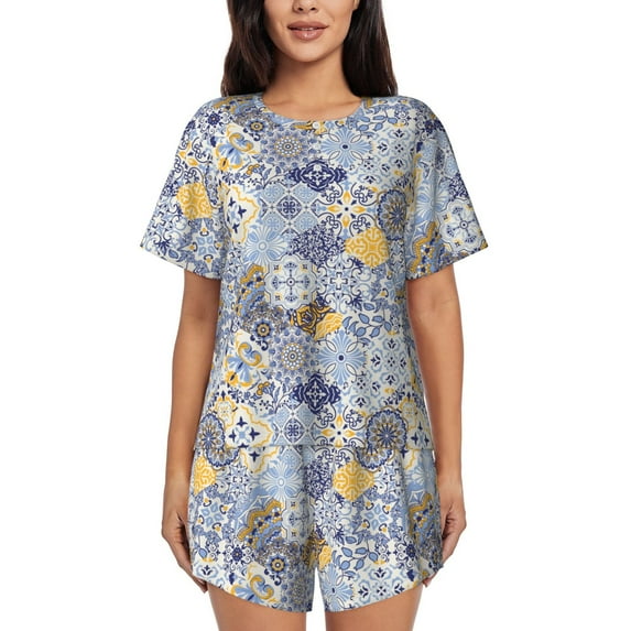 Sikiie Colorful Mandalas Womens Pajama Sets Short Sleeve Top With Pants Sleepwear 2 Piece Lounge Set-Large