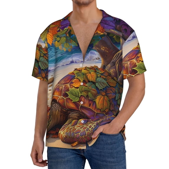 Sikiie Colorful Maple Leaf Beach Turtle Men's Wrinkle Free Untucked Cuban Shirt Business Casual Button Down Shirts Short Sleeve ShirtXX-Large