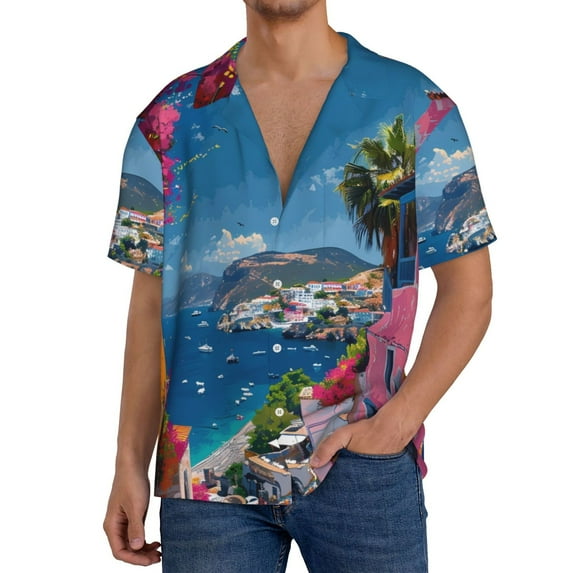 Sikiie Colorful Mediterranean Village Men's Cuban Shirt, Hawaiian Shirts, Business Casual Button Down Shirts, Short Sleeve Shirt-X-Large