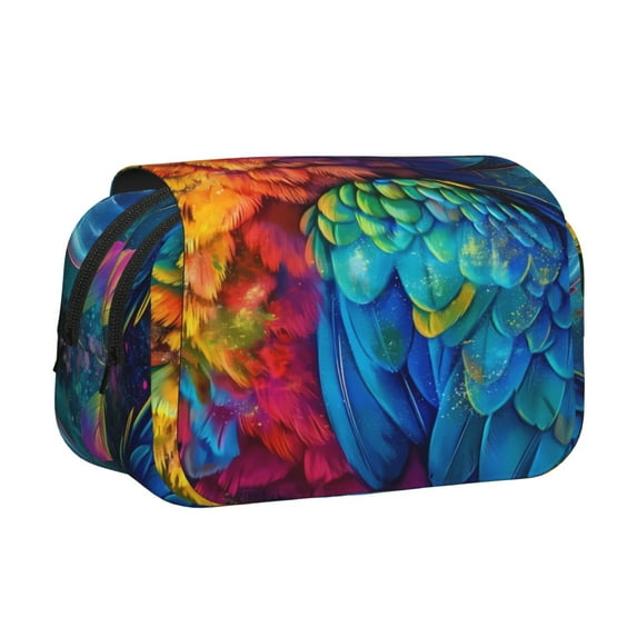 Sikiie Colorful Parrot Jungle Dream Print Flip Double-layer Pencil Case, All-purpose Stationery Bag for Study and Office, Zipper Design, Unisex