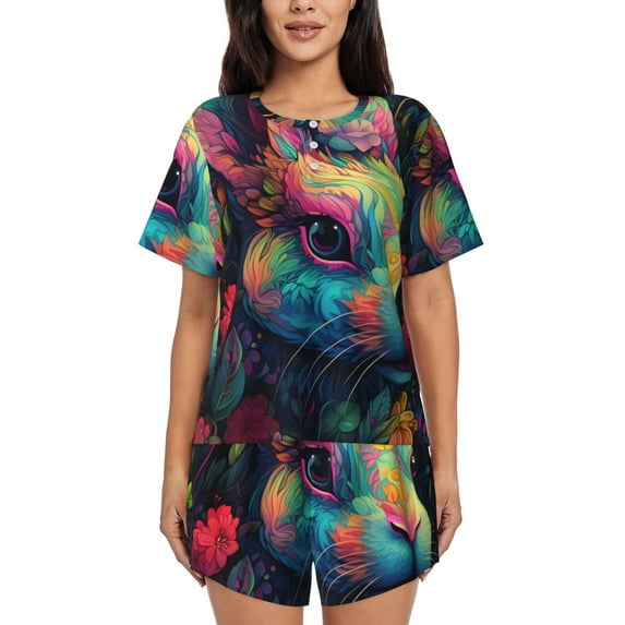 Sikiie Colorful Patterned Rabbit Womens Pajama Sets Short Sleeve Top With Pants Sleepwear 2 Piece Lounge SetXX-Large