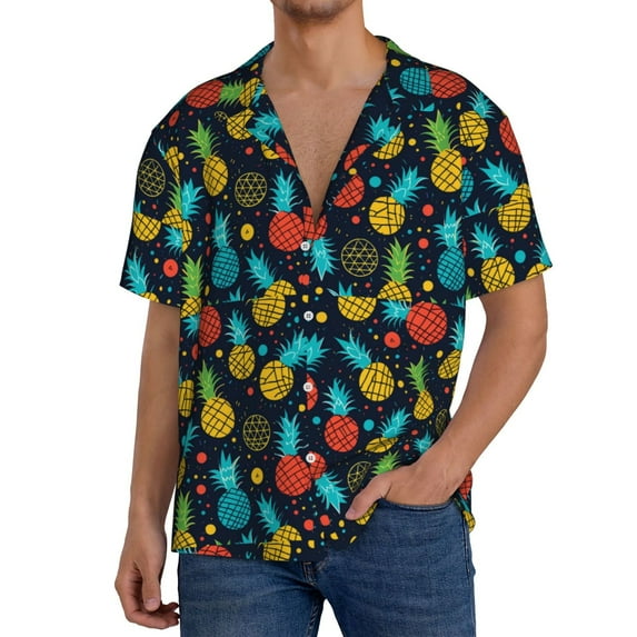Sikiie Colorful Pineapple Men's Cuban Shirt, Hawaiian Shirts, Business Casual Button Down Shirts, Short Sleeve Shirt-X-Large
