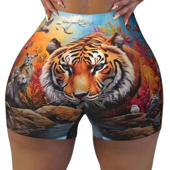 Sikiie Colorful Plant Tiger Print Workout Shorts Women Scrunch Butt Gym Shorts Seamless High Waist Tummy Control Yoga Biker Athletic Shorts