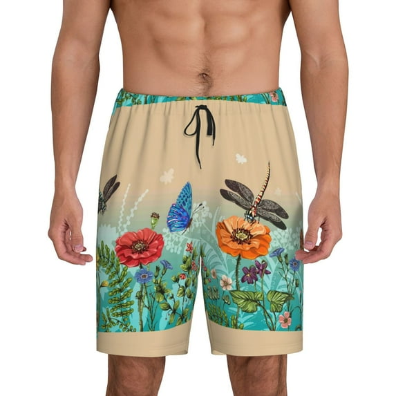 Sikiie Colorful Plants And Insects Mens Pajama Shorts, Lightweight Lounge Pant with Pockets Soft Sleep Pj Shorts for MenX-Large