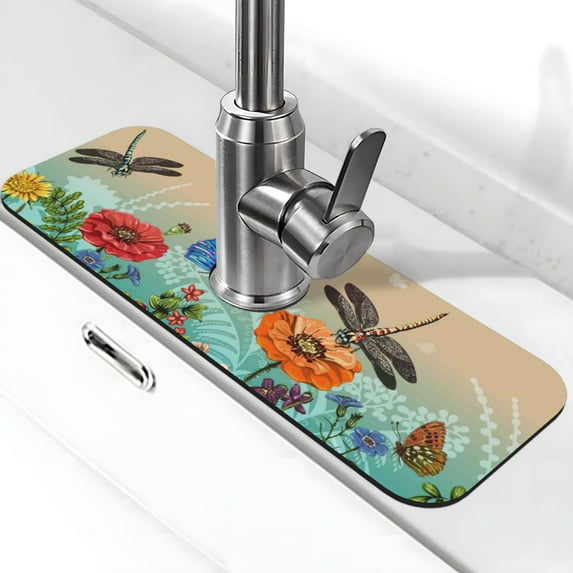Sikiie Colorful Plants And Insects Splash Guard for Sink Faucet-1 PC Super Absorbent Fast Drying Mat Sink Gadgets-Splash Guard for Kitchen, Sink Mat