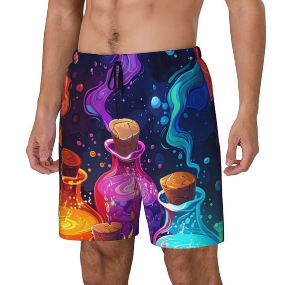 Sikiie Colorful Potion Bottles Magic Print Men's Double Layer Swimming Trunks, Adjustable Waistband and Pockets Sports Swimming Trunks, Beach Swimwear-Small