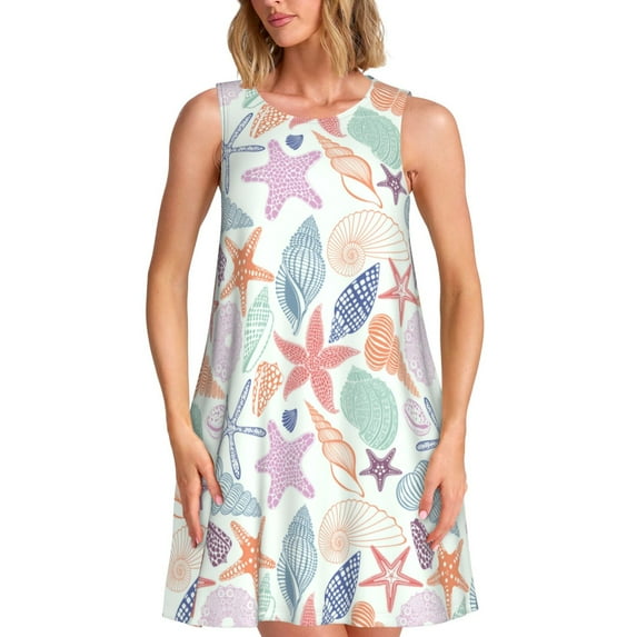 Sikiie Colorful Seashells Print Women's Sleeveless Dress with Pockets Round Neck Sundress, Suitable for Daily, Office, Vacation Summer Wear