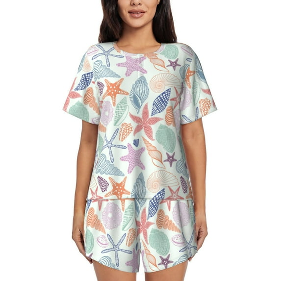 Sikiie Colorful Seashells Womens Pajama Sets Short Sleeve Top With Pants Sleepwear 2 Piece Lounge SetLarge