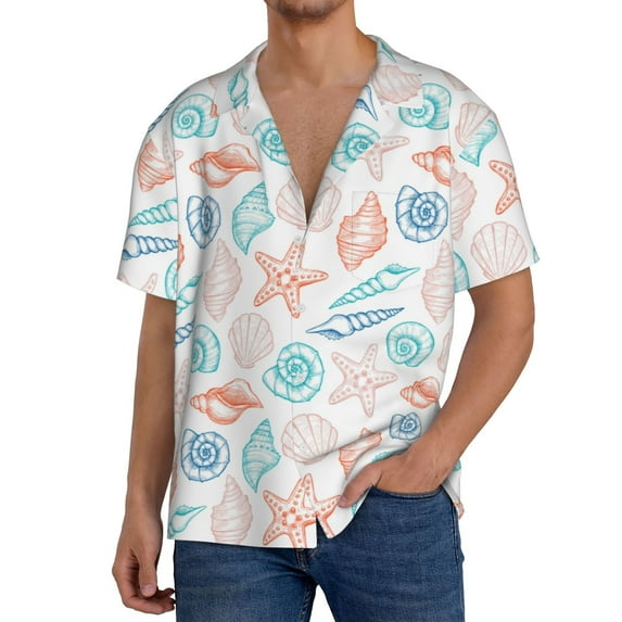 Sikiie Colorful Seashells1 Men's Wrinkle Free Untucked Cuban Shirt Business Casual Button Down Shirts Short Sleeve ShirtX-Large