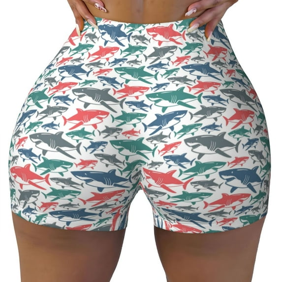 Sikiie Colorful Shark Print Workout Shorts Women Scrunch Butt Gym Shorts Seamless High Waist Tummy Control Yoga Biker Athletic Shorts