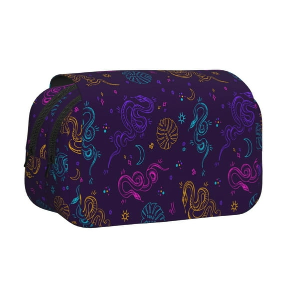 Sikiie Colorful Snake Print Flip Double-layer Pencil Case, All-purpose Stationery Bag for Study and Office, Zipper Design, Unisex