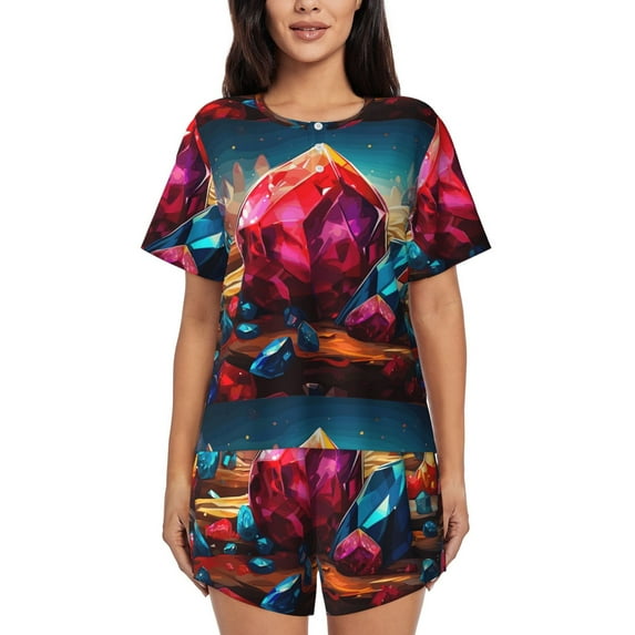 Sikiie Colorful Stone World Womens Pajama Sets Short Sleeve Top With Pants Sleepwear 2 Piece Lounge Set-Medium