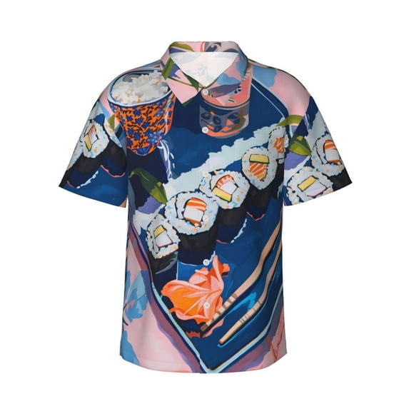 Sikiie Colorful Sushi Food Art Print Men's Hawaiian Shirt, Summer Beach Button Pocket Short Sleeve T-Shirt,X-Large
