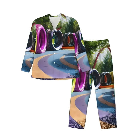 Sikiie Colorful Tire Tunnel Park Mens Pajama Set, Soft Warm Long Sleeve Sleepwear, Cozy Button-Down Pjs for Men-X-Large