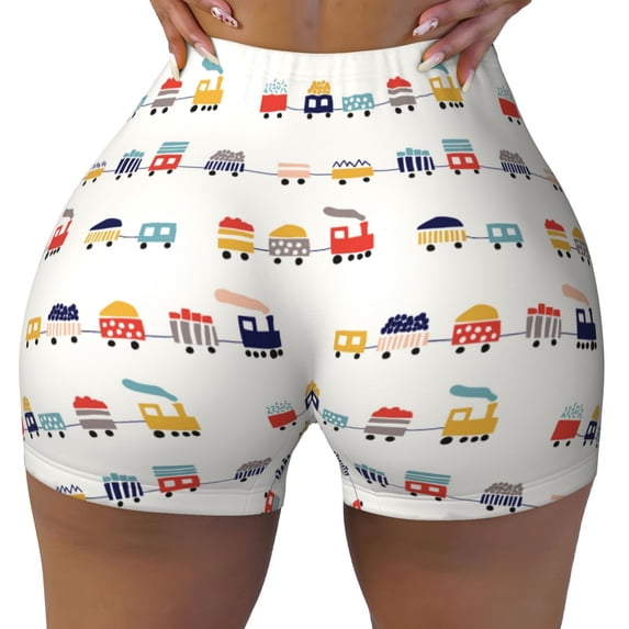Sikiie Colorful Trains Print Workout Shorts Women Scrunch Butt Gym Shorts Seamless High Waist Tummy Control Yoga Biker Athletic Shorts