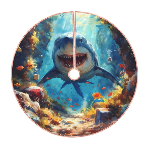 Sikiie Colorful Underwater Shark Nativity Christmas Tree Skirt, Jesus Christian Winter Holiday Tree Mat Decoration(30-48IN)30"