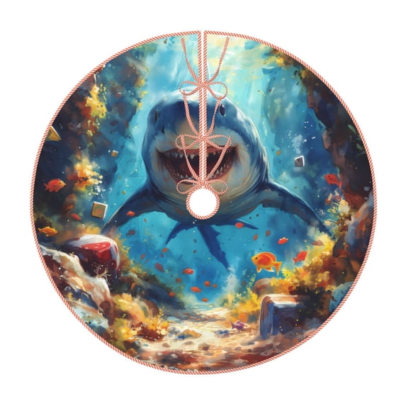 Sikiie Colorful Underwater Shark Nativity Christmas Tree Skirt, Jesus Christian Winter Holiday Tree Mat Decoration(30-48IN)48"