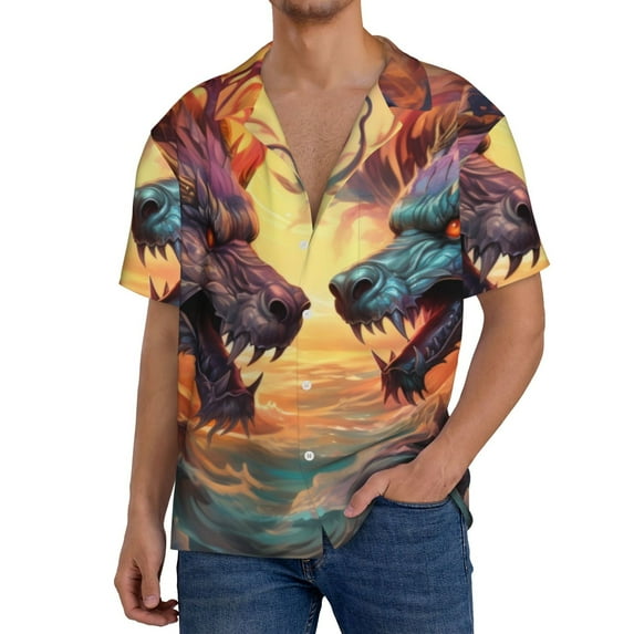 Sikiie Colorful Wave Dragon Head Men's Wrinkle Free Untucked Cuban Shirt Business Casual Button Down Shirts Short Sleeve Shirt3X-Large