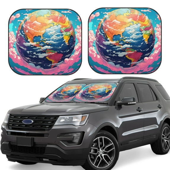 Sikiie Colorful Whimsical Earth Print Foldable Car Windshield Sun Visor, Car Window Sunshade Suitable for Sedan, SUV and Truck Car Accessories-Large