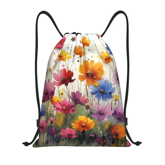 Sikiie Colorful Wildflower Meadow Drawstring Backpack Drawstring Bags, Draw String Back Bag for Sports, Gym, Travel, Swimming, Beach-Small