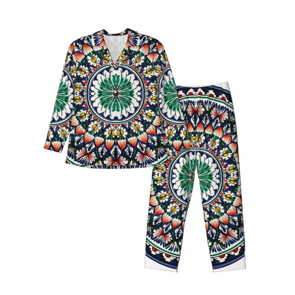 Sikiie Colorful With Blue Oriental Mens Pajama Set, Soft Warm Long Sleeve Sleepwear, Cozy Button-Down Pjs for Men-Large